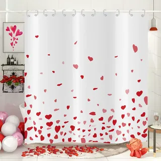 Hnmdmyi Duschvorhang Valentinstag 180x180, Aquarell Fallende Rote Liebe Herzen Badewanne Vorhang Wasserdicht Polyester Stoff Waschbar Badevorhang für Badezimmer mit Haken