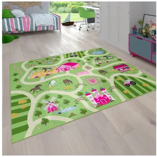 Paco Home Kinderteppich Bino 560, rechteckig, Höhe: 4 mm, Kurzflor, Straßen-Spiel-Teppich, Motiv Bauernhof, Kinderzimmer grün 80 cm x 150 cm x 4 mm