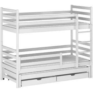 Deine Möbel 24 Etagenbett Hochbett mit Ausziehbett LEON für 3 Kinder 90x200 Weiß (Kinderbett mit Lattenrost, 2 Schubladen, Leiter und Rausfallschutz), Funktionsbett aus Massivholz / Vollholz, in 2 Betten umbaubar