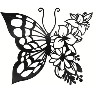 JRBNIT Wanddeko Metall, Schmetterling Und Blumen Metall Wanddeko, Großes Wanddekor Aus Metall Mit Ausgeschnittenen Designs, Wandskulpturen(50cm/19.7in)
