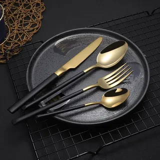 ESSONIO 48-teiliges Besteck Set für 12 Personen, Schwarz & Gold Design - Besteckt aus Hochwertigem 18/8 Edelstahl, Hochglanzpoliert & Langlebig - Luxuriöses Besteckset für Feste und Feiern