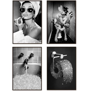 ENROR Badezimmer Bilder Set,4 Teilig Schwarz-weiß Leinwand Bild Moderne Mode Frauen, Lustige Badezimmer-Wandkunst Poster (50X70CMX4 Ohne Rahmen)