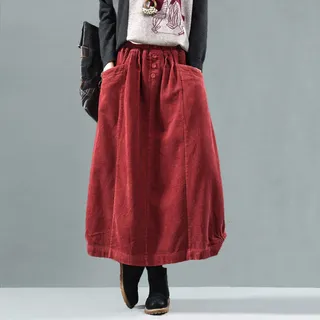 Rock Herbst Winter Cordrock Frauen Vintage Midi Lange Röcke Weibliche Elastische Taille A-Linie Faltenrock Big Size OneSize Weinte - Einheitsgröße