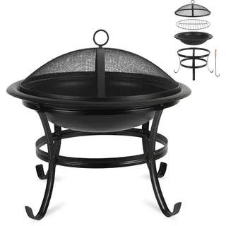 ISOISL Feuerschale 55 cm mit Grillrost, Funkenschutz und Feuerhaken | Schwarze Eisen-Feuerschale, 51 cm hoch, mit 4 gebogenen Beinen und Doppelring-Gestell, für Garten, Terrasse und Camping