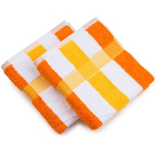 Gözze - New York Streifen Handtuch, 2er Set, Weiches und saugfähiges Handtuch, 100% Baumwolle, 50 x 100 cm - Orange/Weiß/Gelb