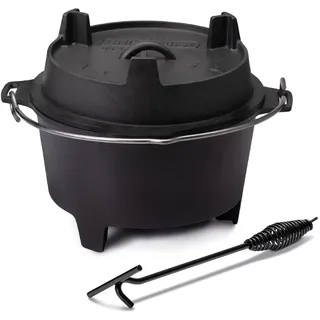 Grillfürst Dutch Oven Set ca. 6 Liter - stabil stehender Feuertopf durch spezielle T-Füße, hitzebeständiger Gusseisen Topf, Deckel als Pfanne nutzbar, DO 6 inkl. Deckelheber 35cm