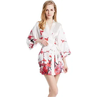 Prettystern Damen Mini-Kleid kurz Seide Satin SeidenMantel Kimono Morgenmantel Jacke Yukata Kostüm Silk Robe Blumen Pflaumenblüten Weiss Mi03 - Einheitsgröße Große Größen