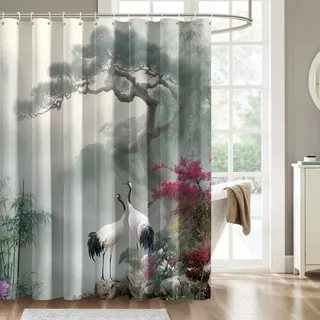 Generisch Duschvorhang Japanisch Motiv, Japanisch Chinesisch Duschvorhang 100x180 cm Badewanne Badezimmer Deko, Anti Schimmel Waschbar Wasserdicht Textil Shower Curtain, 12 Haken (JW34)