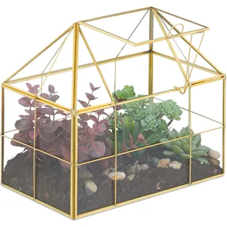 Relaxdays Pflanzenterrarium, Glas & Kupfer, HBT: 21x23x14 cm, Deko Glashaus Kakteen & Moos, Glaskasten Fensterbank, gold