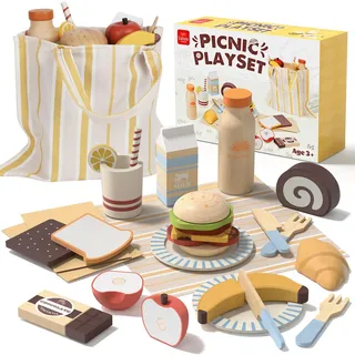 Lehoo Castle Kaufladen Zubehör Holz, Spielzeugküche für Kinder ab 3 Jahre | Kaufmannsladen Lebensmittelset mit Hamburger, Obst, Teller, Gabeln, Kinderküche mit Aufbewahrungstasche, Geschenk ab 3 4 5