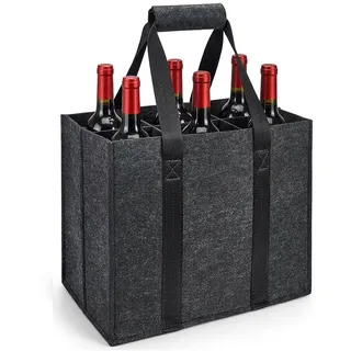 Kisstta Flaschentasche 6 Flaschen, Filz Flaschenträger mit Griff, Faltbarer Flaschenkorb mit Trennwänden, Flaschen Tasche für Wein, Getränke, Weinflaschen, Bottle, 27 x 18 x 27cm (Grau 1)