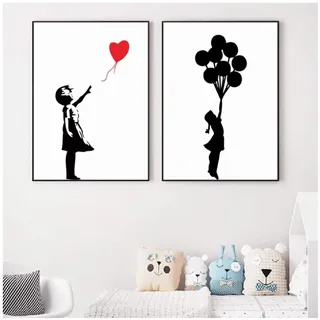 kunstdrucke Mädchen mit Ballon Banksy Poster Wandkunst Drucke Leinwand Malerei Schwarzweiß Wandbilder Street Art Home Decoration - (50x70cm) x2pcs Rahmenlos