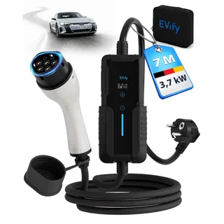 EVify Ladekabel Typ 2 Schuko 3,7kW 7M 16A für Elektroauto & Hybrid inkl. Kabeltasche • Stromstärke/Ladeleistung einstellbar 6|8|10|13|16A, ideal für PV-Anlage • Typ 2 Ladekabel Schuko