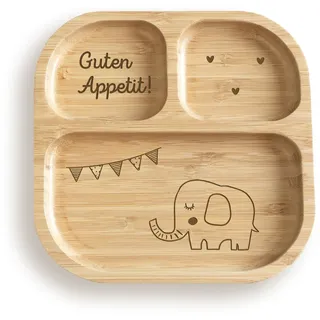 hellomini Babyteller mit Saugnapf – Individueller Kinderteller aus hochwertigem Bambusholz – Geschenk zur Geburt & Taufe – BPA-frei (Elefant - ohne Name, Teller+Besteck(beige))