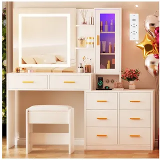 BEWISHOME Schminktisch mit Spiegel und Hocker, acht Schubladen, 131 x 40x 140cm (1-St), farbiger Beleuchtung und einstellbarer LED-Beleuchtung weiß