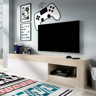 Dmora - TV-Ständer Averau, niedriges Sideboard für Wohnzimmer, Wohnzimmer-Sideboard für Fernseher, 204 x 42 x 48 cm, Eiche und Weiß