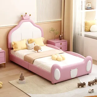 FAVSH Kinderbett Mädchen 90x200 cm, Prinzessinnenbett für Mädchen mit Kronen-Kopfteil im Prinzessinnen-Stil, Einzelbett aus Kunstleder, Jugendbett für Kinder und Jugendliche, Rosa