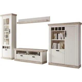 Home affaire Wohnwand Florenz, Anbauwand im Landhausstil, Komplettset mit Metallgriffen, (Set, 4-St), enthält Vitrine, Lowboard, Kommode und Wandboard, 330 cm breit weiß