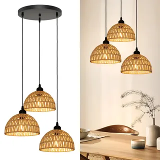Aulaiyi Rattan Pendelleuchte Esstisch 3 Flammig, Boho Hängelampe Rattan mit E27 Fassung, Ø21cm x 3 Handgewebter Lampenschirm, Vintage Hängeleuchte für Schlafzimmer Wohnzimmer Küche