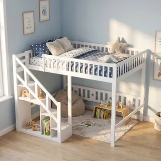 Kinder Hochbett 140x200 Cm Mit Stauraumtreppe Und Spielbereich, Halbhochbett Aus Holz, Weiß