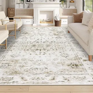Homcomodar Teppich Wohnzimmer Beige 200x290cm Großer Teppiche Waschbar Boho Kurzflor Teppich Weiche Vintage Teppiche für Schlafzimmer Wohnzimmer