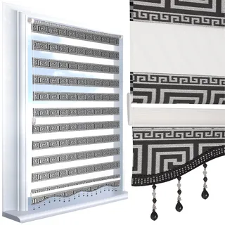 Brillant® Doppelrollo Zebra Rollos Klemmfix ohne Bohren Jalousien Duorollo Schwarz Silber Rankenmuster mit Perlen Kariert Motiv Raffrollo für Fenster Balkon Tür, Made in Germany 110 x 200 cm (B x L)