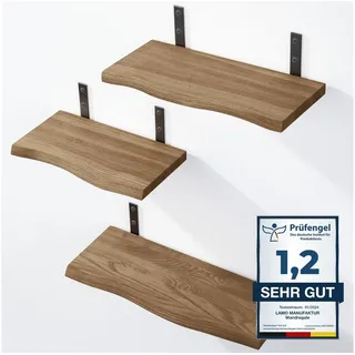 LAMO Manufaktur Wandregal LAMO Manufaktur 3 Stück Wandregal Holz 42/36/30cm, Schweberegal Massiv 100% Echtholz, Wandregale SET 1 Baumkante Farbe: Nussbaum braun
