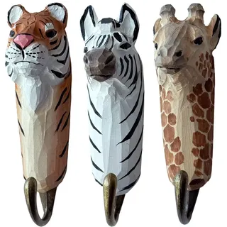your castle 3 Wandhaken Garderobehaken Kleiderhaken aus Holz Tiger, Giraffe, Zebra, mit Metallhaken handgearbeitet