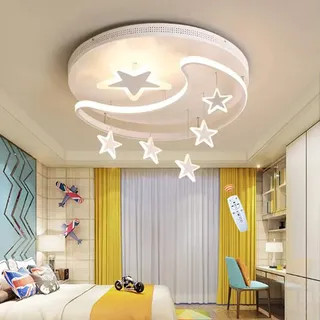 FUMIMID Kinderlampe LED Deckenleuchte Dimmbar Mit Fernbedienung Sterne Mond Hangend Deckenlampe Moderne Mädchen Jungen Schlafzimmerlampe Babyzimmer Kinderzimmer Wohnzimmer Kronleuchter,Weiß,52cm