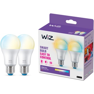 WiZ Tunable White LED Lampe, E27, 60 W, dimmbar, warm- bis kaltweiß, smarte Steuerung per App/Stimme über WLAN, Doppelpack