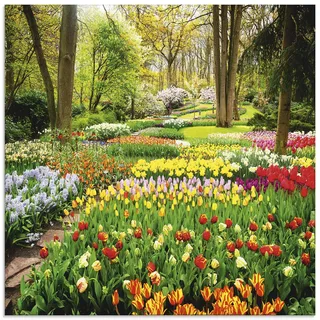 ARTland Wanddeko Glasbilder Wandbild Glas Bild einteilig Quadratisch Blumenwiese Tulpen Blumen Frühling Natur Garten Wald Bunt U1RC