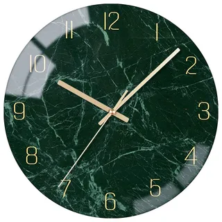 VIKMARI Smaragdgrüne Glas-Wanduhr, leise, nicht tickend, batteriebetrieben, 25,4 cm, moderne Marmor-Textur, Heimdekoration, Küchendekoration, Quarz, kleine Analoguhr für Schlafzimmer, Wohnzimmer, Büro