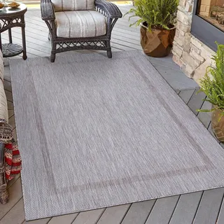 HomebyHome Outdoor Teppich Wetterfest 280x370 cm Silber Bordüre Design Flachgewebe Waschbar XXL Extra Groß für Wohnzimmer Esszimmer Terrasse Garten