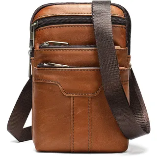 Handy Schultertasche Leder Herren Braun, Gürteltasche Handytasche zum Umhängen Kleine, Klein Reißverschluss Herrentasche Leder Herren Umhängetasche Portemonnaie Hüfttasche mit Gürtelschlaufe Karabiner