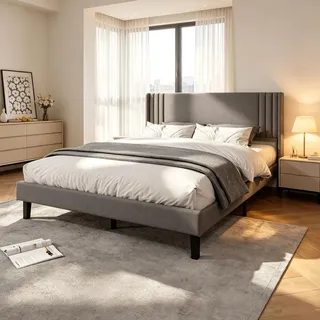 INONEFT Boxspringbetten Polsterbett 160x200 cm,Doppelbett mit Lattenrost–Stabiles Bettgestell aus Holz & Metall,Jugendbett mit Kopfteil,Grau,Leinen - Grau
