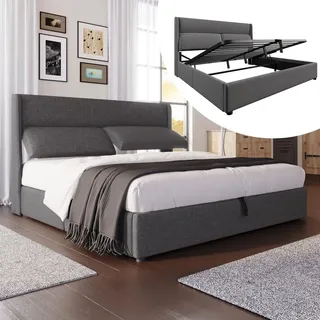 Flieks Polsterbett 180x200cm mit Lattenrost, Boxspringbett mit Verstellbarem Kopfteil, Doppelbett mit Stauraum, Jugendbett Stauraumbett, Leinen, Grau - Grau