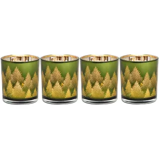 Windlichter für Teelichter aus Glas | 4 Teelichtgläser für den Adventskranz | Teelichthalter Set Weihnachtsdeko Winterdeko (Tannen grün)
