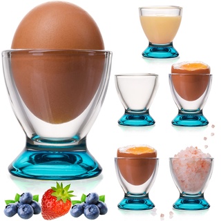 PLATINUX Blaue Eierbecher Set (6-Teilig) aus Glas Eierständer Eierhalter Frühstück Egg-Cup Brunch Geschirrset