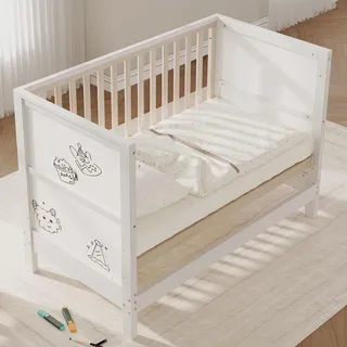STILVORA Babybett mit bemalbaren Tafeln und 3-fach höhenverstellbar, Beistellbett umwandelbar zur Kindercouch, Kinderbett aus Kiefer Massivholz,Na...