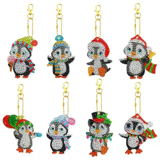 5D Diamond Painting Anhänger Set 8 Stück Weihnachten Pinguin Diy 5d Diamond Art Painting Keychain Diamantmalerei Schlüsselanhänger 5D Einseitig Diamond Painting für Kinder Mädchen Geschenkidee