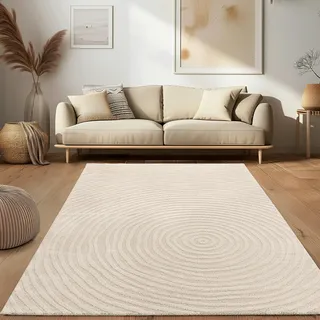 Paco Home - Teppich Kurzflor Skandi Japandi Boho Abstraktes Muster 3d Uni Creme 160x220 cm
