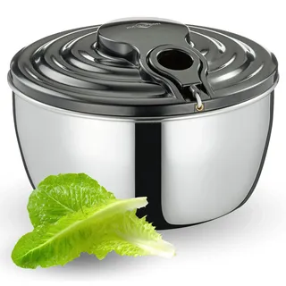 KÜCHENPROFI Salatschleuder WAVE 3,25 Liter, Edelstahlschüssel, Ø 24,5 cm | rostfreier Edelstahl, innovative Seilzugtechnik, zerlegbarer Deckel, spülmaschinengeeignet, für Blattsalate