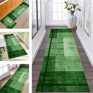 ZESEWU Abstrakte Läufer Flur Küche Waschbar rutschfest Korridor Teppichmatten 60X120CM Grün Lang Küchenteppich Flurteppich Läufer Schlafzimmer Esszimmer Polyester Teppichläufer Meterware Anpassbar