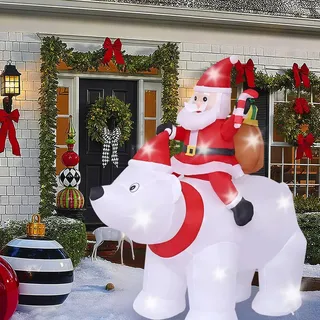 200cm Aufblasbarer Weihnachtsmann auf Eisbär mit LED Beleuchtung – Weihnachtsdeko Außen