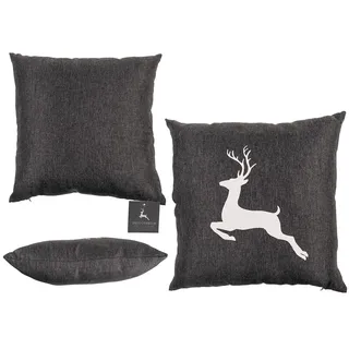 Dunkelgraues Deko-Kissen, Hirsch, mit Reissverschluss, 40 x 40 cm, 100% Polyester, 300g Füllgewicht, Schwarz, Dunkelgrau