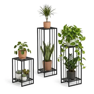 Metall Blumenständer 3er Set Schwarz – Pflanzenständer Metall rechteckig 55 - 75 - 95 cm – Moderner Blumenhocker pulverbeschichtet, robust & pflegeleicht – Pflanzensäule für Innen- & Außenbereich