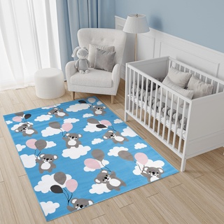 TAPISO Pinky Teppich Kurzflor Blau Weiß Grau Mehrfarbig Modern Koala Bär Teddy Design Kinderzimmer Kinderteppich ÖKOTEX 140 x 200 cm