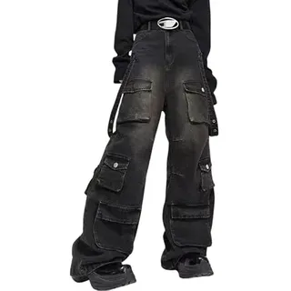 Baggy Jeans Y2k Gothic Vintage Weites Bein Damenmode Punk 90er Hüfte, Black8, X-Groß - XL
