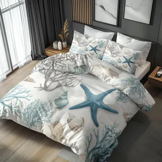 Generisch Bettwäsche 135x200 Muschel Seestern, Weiche Bügelfreie Mikrofaser Bettbezug Set 2tlg, Maritime Koralle Muster Schlafzimmer Deko, 1 Kissenbezug 80x80, mit Reißverschluss ZF32