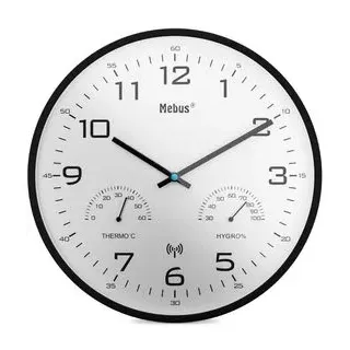 Mebus Wanduhr 52840, Kunststoff, analog, Funkuhr, Ø 30 cm, schwarz, mit Thermometer & Hygrometer, lautlos